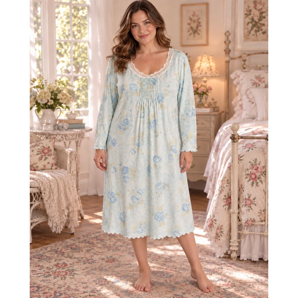Miss Elaine XL Blue Floral Long Sleeve Lace Pintuck Nightgown Cottagecor
